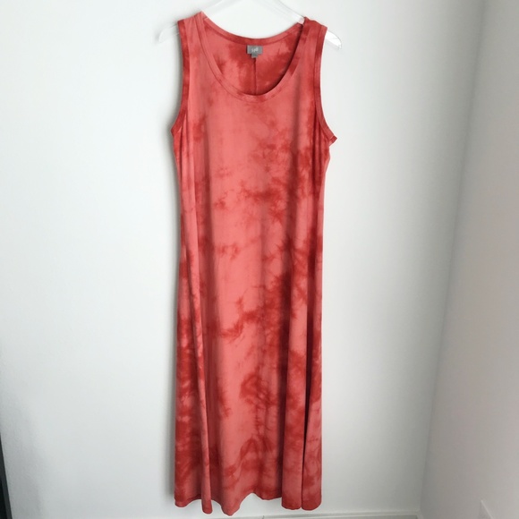 J Jill Tie Dye 100% Cotton Sleeveless Maxi Dress L Orange A-Line Scoop Neck - Picture 1 of 7